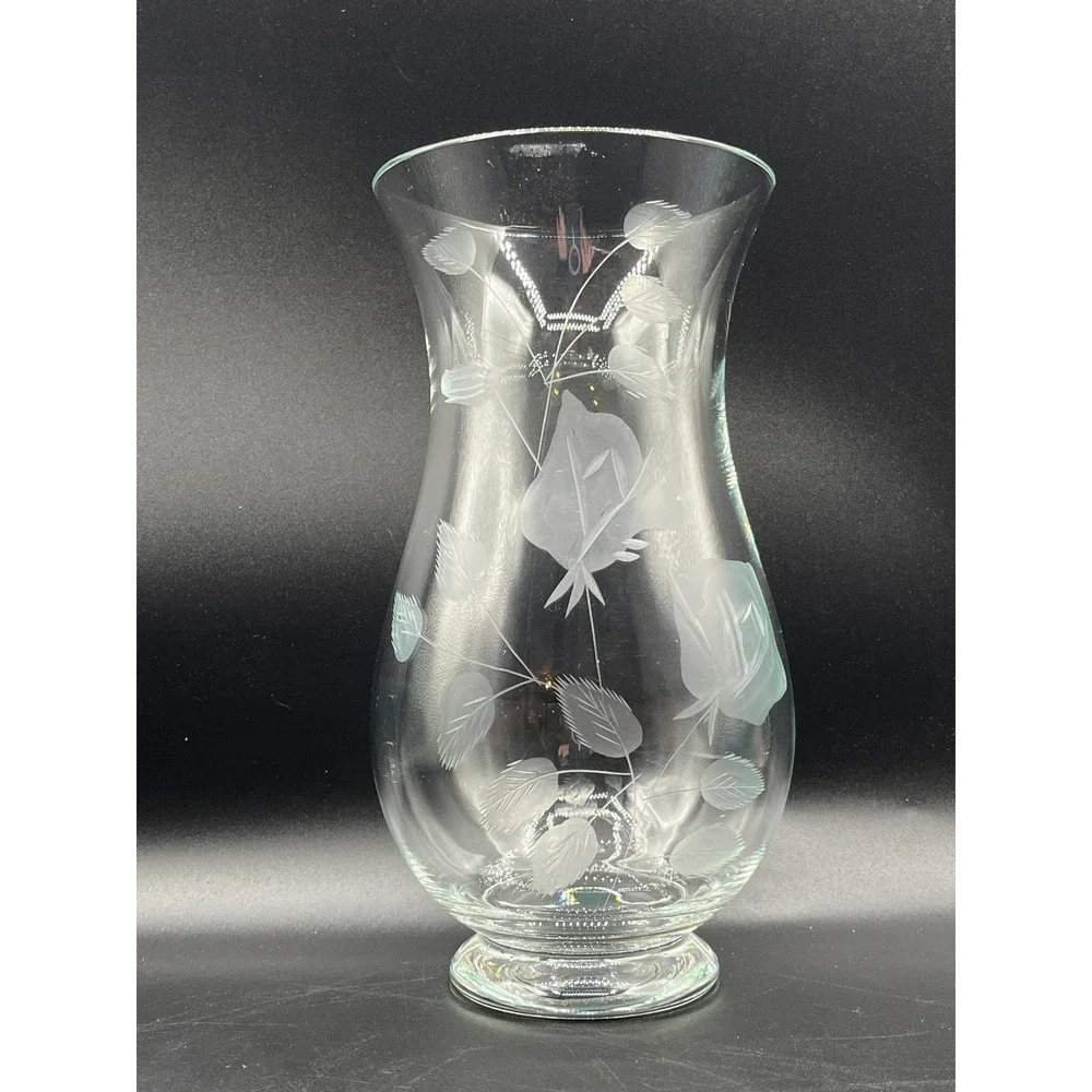 Clear Glass Vase Etched Floral Rose Leaves Footed‎ Pedestal Base Home 9.5